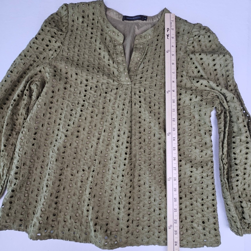 Merokeety Women Olive Green Eyelet Embroidered Split Neck Long Sleeve Blouse L - Picture 4 of 9